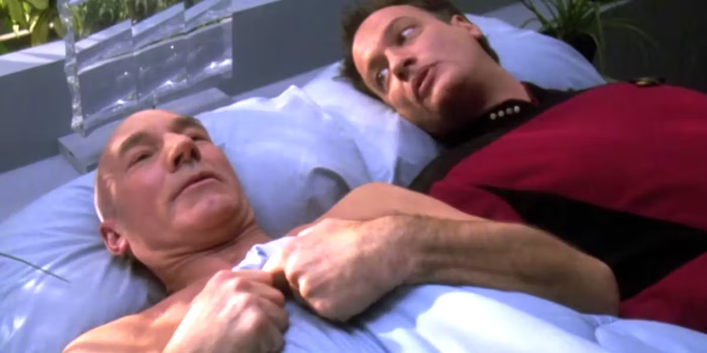 Q And Picard In Bed. Blank Meme Template