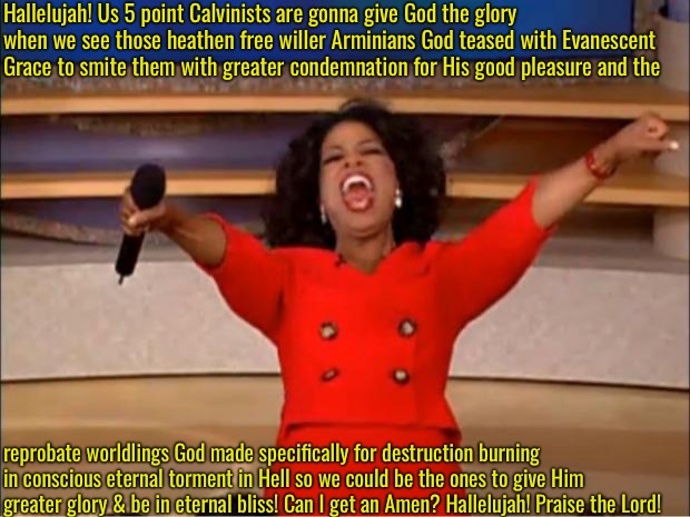 We'll Give Him The Glory For This | Hallelujah! Us 5 point Calvinists are gonna give God the glory when we see those heathen free willer Arminians God teased with Evanescent Grace to smite them with greater condemnation for His good pleasure and the; reprobate worldlings God made specifically for destruction burning in conscious eternal torment in Hell so we could be the ones to give Him greater glory & be in eternal bliss! Can I get an Amen? Hallelujah! Praise the Lord! | image tagged in oprah you get a,calvinism,arminian,molinism,reformed theology 5 point calvinists,selfishness disguised as give god glory | made w/ Imgflip meme maker