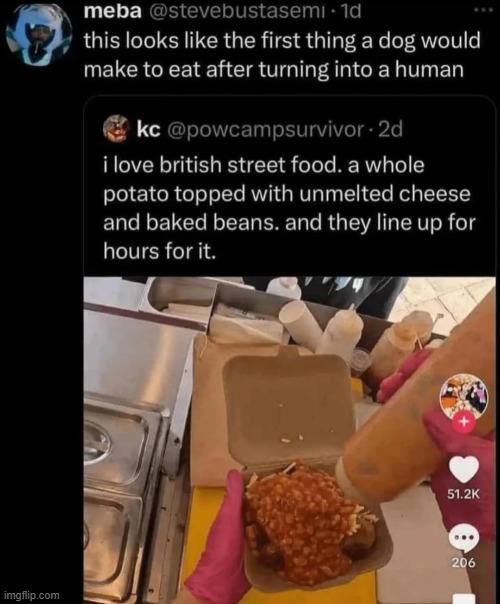 image tagged in british,street food,dog,human | made w/ Imgflip meme maker
