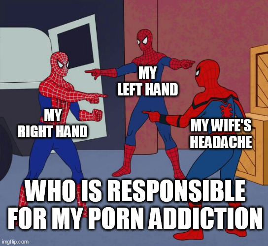 Who is responsible for my porn addiction | MY LEFT HAND; MY RIGHT HAND; MY WIFE'S HEADACHE; WHO IS RESPONSIBLE FOR MY PORN ADDICTION | image tagged in spider man triple,funny,addiction,porn,wife,right hand | made w/ Imgflip meme maker