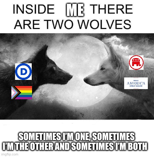 Is this weird ? If so please help me | ME; SOMETIMES I’M ONE, SOMETIMES I’M THE OTHER AND SOMETIMES I’M BOTH | image tagged in inside you there are two wolves,republican,democrats,pride,conservatives,liberals | made w/ Imgflip meme maker