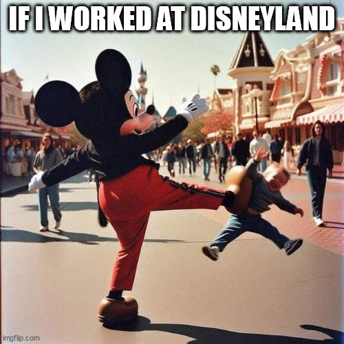 if I worked at disneyland | IF I WORKED AT DISNEYLAND | image tagged in mickey mouse,funny,disneyland,kids,kick,dark humor | made w/ Imgflip meme maker
