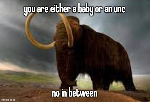 WiseMysticalMammoth 2: Electric Boogaloo | you are either a baby or an unc; no in between | image tagged in wisemysticalmammoth 2 electric boogaloo | made w/ Imgflip meme maker