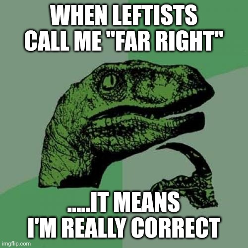 Conspiracy turns to confirmation in 3...2...1 | WHEN LEFTISTS CALL ME "FAR RIGHT"; .....IT MEANS I'M REALLY CORRECT | image tagged in memes,philosoraptor | made w/ Imgflip meme maker