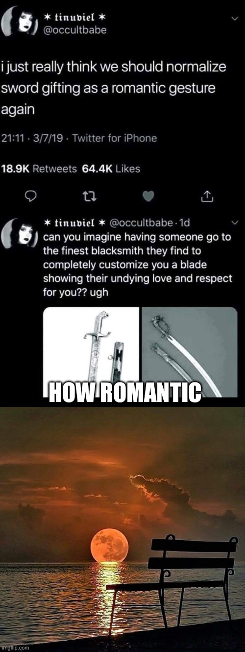 Romance ain’t dead | HOW ROMANTIC | image tagged in romantic sunset,romance,swords | made w/ Imgflip meme maker