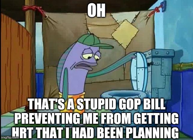 I just had to wait until August...  :( | OH; THAT'S A STUPID GOP BILL PREVENTING ME FROM GETTING HRT THAT I HAD BEEN PLANNING | image tagged in oh thats a toilet spongebob fish | made w/ Imgflip meme maker