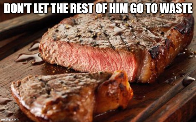 Steak | DON'T LET THE REST OF HIM GO TO WASTE | image tagged in steak | made w/ Imgflip meme maker