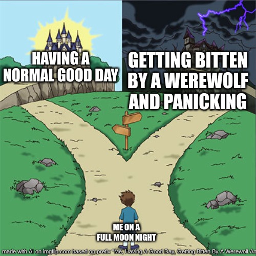 IDK | HAVING A NORMAL GOOD DAY; GETTING BITTEN BY A WEREWOLF AND PANICKING; ME ON A FULL MOON NIGHT | image tagged in two paths | made w/ Imgflip meme maker