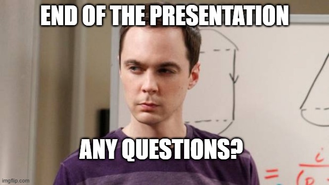 Angry Sheldon Cooper | END OF THE PRESENTATION; ANY QUESTIONS? | image tagged in angry sheldon cooper | made w/ Imgflip meme maker