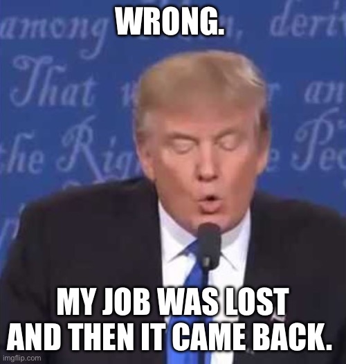 Trump wrong | WRONG. MY JOB WAS LOST AND THEN IT CAME BACK. | image tagged in trump wrong | made w/ Imgflip meme maker