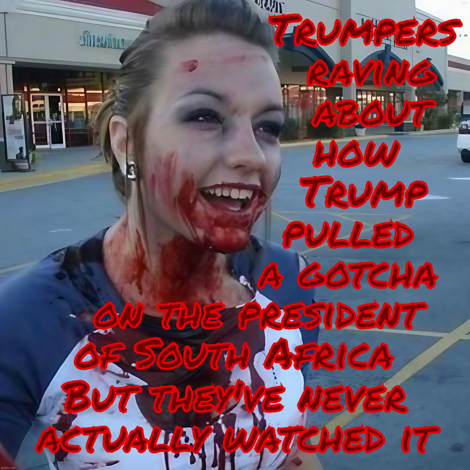 MAGAts posting about Trump's latest ambush but the shills never  actually got to watch it in their leaking pustule of a country | Trumpers
                  raving
                  about
                how
                 Trump
               pulled
               a gotcha
   on the president
of South Africa; But they've never actually watched it | image tagged in bloody psycho,trump ambush,the south africa edition,magabots raving,but they never even watched it,get a hobby | made w/ Imgflip meme maker