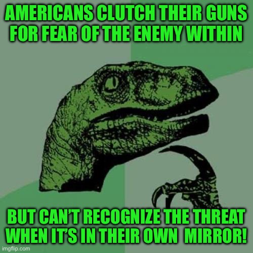 Philosoraptor Meme | AMERICANS CLUTCH THEIR GUNS FOR FEAR OF THE ENEMY WITHIN; BUT CAN’T RECOGNIZE THE THREAT WHEN IT’S IN THEIR OWN  MIRROR! | image tagged in memes,philosoraptor | made w/ Imgflip meme maker