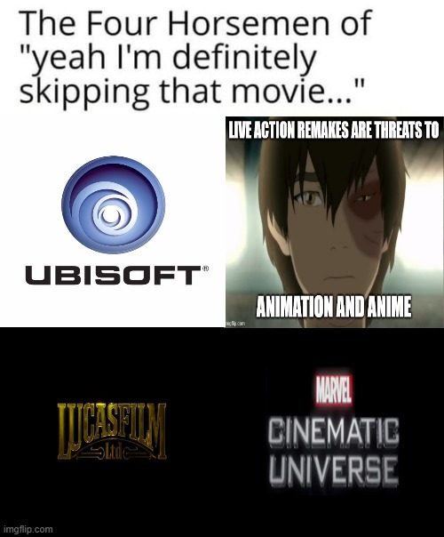 4 horsemen of skipping | image tagged in 4 horsemen of skipping,lucasfilm,marvel cinematic universe,ubisoft,live action remakes,walt disney | made w/ Imgflip meme maker