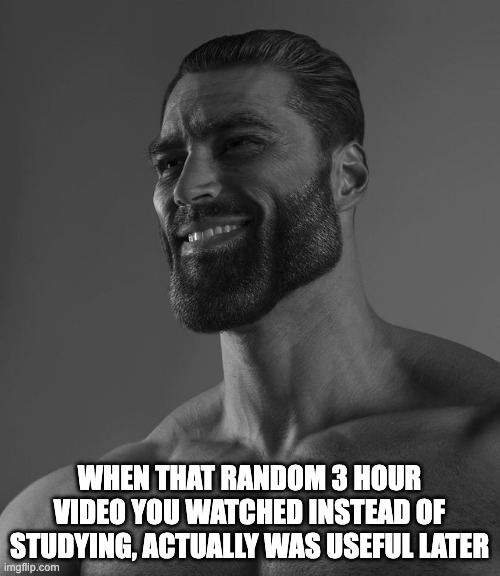 Giga Chad | WHEN THAT RANDOM 3 HOUR VIDEO YOU WATCHED INSTEAD OF STUDYING, ACTUALLY WAS USEFUL LATER | image tagged in giga chad | made w/ Imgflip meme maker
