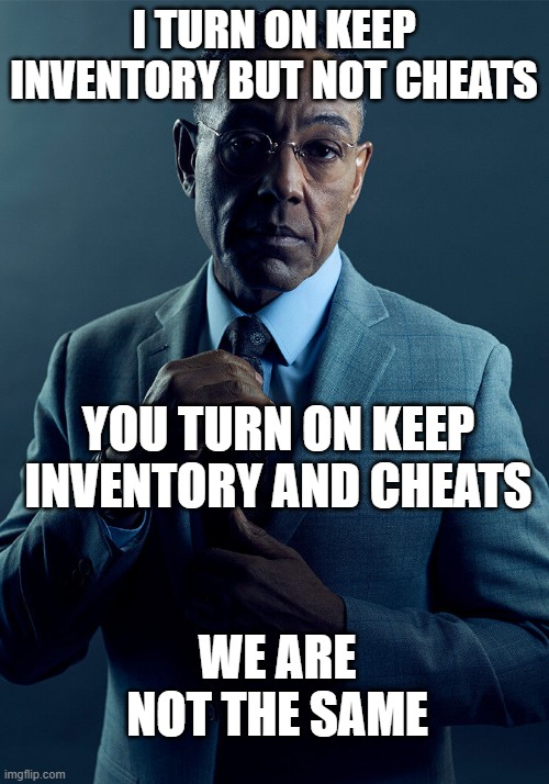 lol | I TURN ON KEEP INVENTORY BUT NOT CHEATS; YOU TURN ON KEEP INVENTORY AND CHEATS; WE ARE NOT THE SAME | image tagged in gus fring we are not the same | made w/ Imgflip meme maker