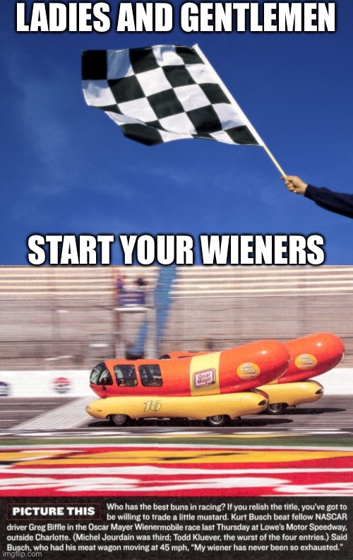 Weiner Mobile Race | LADIES AND GENTLEMEN; START YOUR WIENERS | image tagged in checkered flag waved,weiner,race,car | made w/ Imgflip meme maker