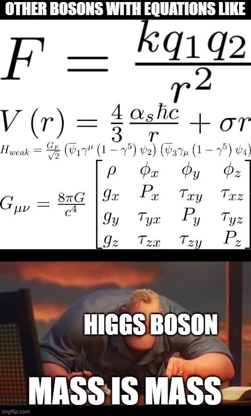 Higgs Boson | OTHER BOSONS WITH EQUATIONS LIKE; HIGGS BOSON; MASS IS MASS | image tagged in math is math | made w/ Imgflip meme maker