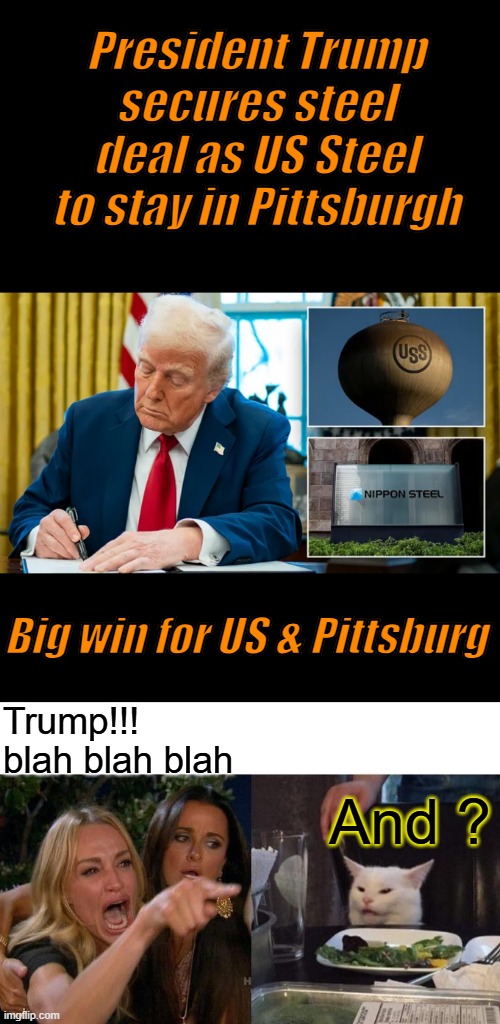 They'll be Mad.. And the Steelers don't need to change thier name | President Trump secures steel deal as US Steel to stay in Pittsburgh; Big win for US & Pittsburg; Trump!!! blah blah blah; And ? | image tagged in memes,woman yelling at cat | made w/ Imgflip meme maker