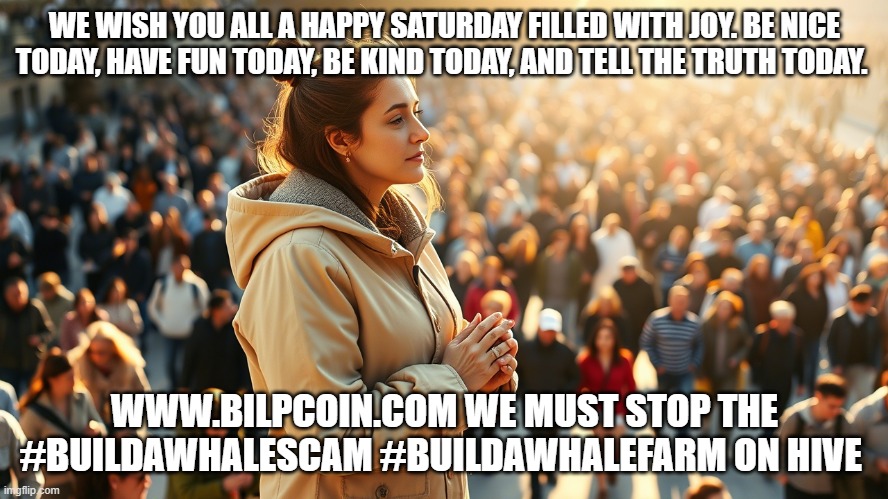 WE WISH YOU ALL A HAPPY SATURDAY FILLED WITH JOY. BE NICE TODAY, HAVE FUN TODAY, BE KIND TODAY, AND TELL THE TRUTH TODAY. WWW.BILPCOIN.COM WE MUST STOP THE #BUILDAWHALESCAM #BUILDAWHALEFARM ON HIVE | made w/ Imgflip meme maker
