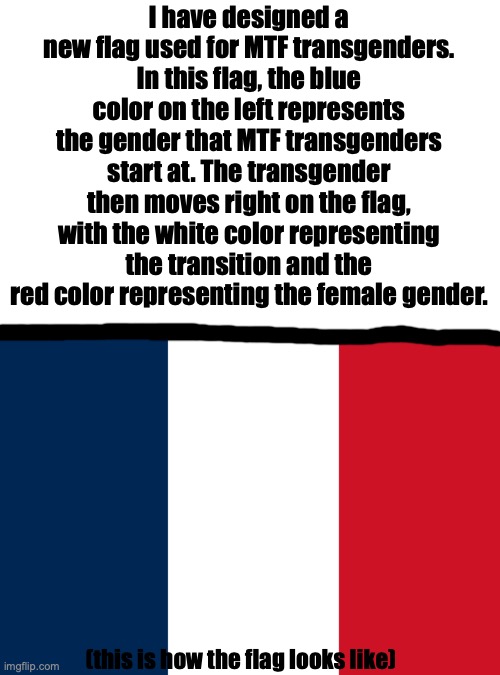 Rate the flag y'all | I have designed a new flag used for MTF transgenders. In this flag, the blue color on the left represents the gender that MTF transgenders start at. The transgender then moves right on the flag, with the white color representing the transition and the red color representing the female gender. (this is how the flag looks like) | made w/ Imgflip meme maker