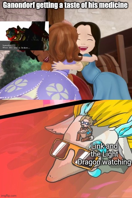 Ganondorf got taste of his own medicine from Sofia Ruby & Jade | Ganondorf getting a taste of his medicine; Link and the Light Dragon watching | image tagged in link and zelda light dragon watching ganondorf's defeat,sofia the first,the legend of zelda,memes,fun,funny memes | made w/ Imgflip meme maker