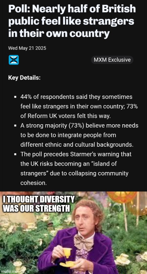 none of my business | I THOUGHT DIVERSITY
WAS OUR STRENGTH | image tagged in wonka drinking flowers | made w/ Imgflip meme maker