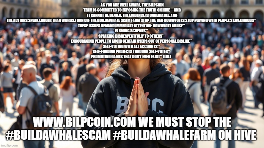 AS YOU ARE WELL AWARE, THE BILPCOIN TEAM IS COMMITTED TO EXPOSING THE TRUTH ON HIVE—AND IT CANNOT BE DENIED. THE EVIDENCE IS UNDENIABLE, AND THE ACTIONS SPEAK LOUDER THAN WORDS.TURN OFF THE BUILDAWHALE SCAM FARM STOP THE BAD DOWNVOTES STOP PLAYING WITH PEOPLE’S LIVELIHOODS**  
THESE ISSUES DEMAND IMMEDIATE ATTENTION: DOWNVOTE ABUSE**  
FARMING SCHEMES**  
SPEAKING DISRESPECTFULLY TO OTHERS**  
ENCOURAGING PEOPLE TO AVOID CERTAIN USERS OUT OF PERSONAL DISLIKE**  
SELF-VOTING WITH ALT ACCOUNTS**  
SELF-FUNDING PROJECTS THROUGH SELF-VOTES**  
PROMOTING GAMES THAT DON’T EVEN EXIST** (LOL); WWW.BILPCOIN.COM WE MUST STOP THE #BUILDAWHALESCAM #BUILDAWHALEFARM ON HIVE | made w/ Imgflip meme maker