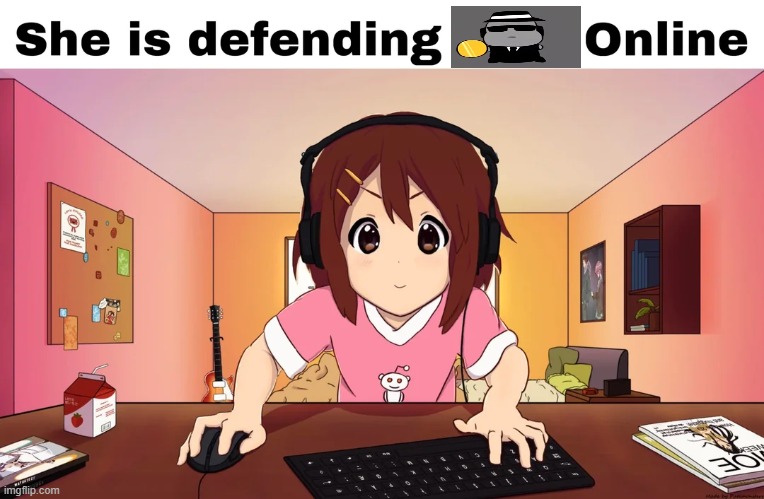 she is defending *blank* online | image tagged in she is defending blank online | made w/ Imgflip meme maker