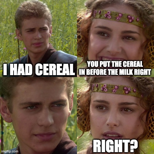 Anakin Padme 4 Panel | I HAD CEREAL; YOU PUT THE CEREAL IN BEFORE THE MILK RIGHT; RIGHT? | image tagged in anakin padme 4 panel | made w/ Imgflip meme maker