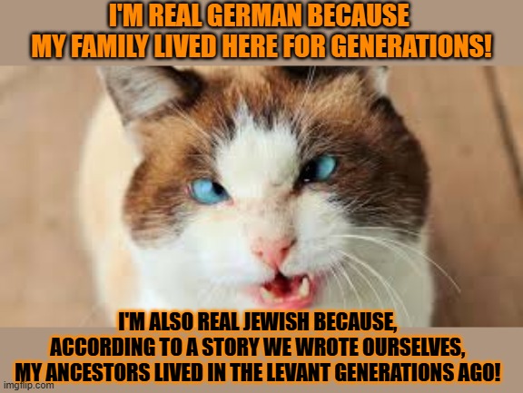This #lolcat wonders what people did to make sure their ancestors were born at a certain place | I'M REAL GERMAN BECAUSE 
MY FAMILY LIVED HERE FOR GENERATIONS! I'M ALSO REAL JEWISH BECAUSE, 
ACCORDING TO A STORY WE WROTE OURSELVES, 
MY ANCESTORS LIVED IN THE LEVANT GENERATIONS AGO! | image tagged in heritage,lolcat,zionism,jewish,german | made w/ Imgflip meme maker