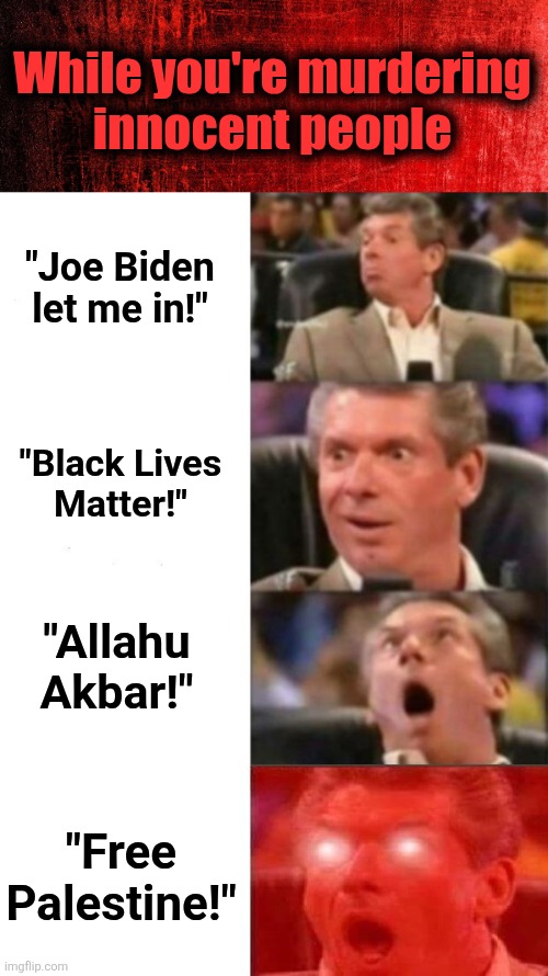 "Free Palestine!" | While you're murdering
innocent people; "Joe Biden
let me in!"; "Black Lives
Matter!"; "Allahu
Akbar!"; "Free
Palestine!" | image tagged in mr mcmahon reaction,democrats,free palestine,antisemitism,memes,death cult | made w/ Imgflip meme maker