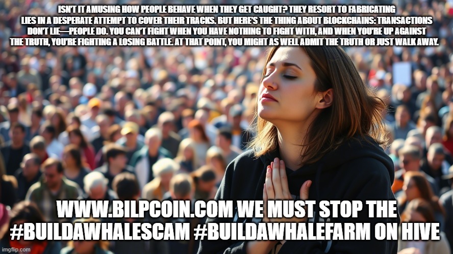 ISN’T IT AMUSING HOW PEOPLE BEHAVE WHEN THEY GET CAUGHT? THEY RESORT TO FABRICATING LIES IN A DESPERATE ATTEMPT TO COVER THEIR TRACKS. BUT HERE’S THE THING ABOUT BLOCKCHAINS: TRANSACTIONS DON’T LIE—PEOPLE DO. YOU CAN’T FIGHT WHEN YOU HAVE NOTHING TO FIGHT WITH, AND WHEN YOU’RE UP AGAINST THE TRUTH, YOU’RE FIGHTING A LOSING BATTLE. AT THAT POINT, YOU MIGHT AS WELL ADMIT THE TRUTH OR JUST WALK AWAY. WWW.BILPCOIN.COM WE MUST STOP THE #BUILDAWHALESCAM #BUILDAWHALEFARM ON HIVE | made w/ Imgflip meme maker