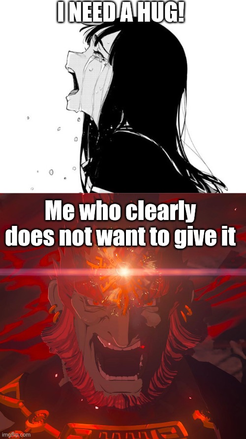 Me when I get fed up with a hug being asked or needed from me | I NEED A HUG! Me who clearly does not want to give it | image tagged in crying aya asagiri,demon king ganondorf,the legend of zelda,fun,memes,funny memes | made w/ Imgflip meme maker
