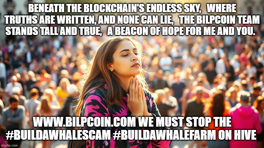BENEATH THE BLOCKCHAIN'S ENDLESS SKY,   WHERE TRUTHS ARE WRITTEN, AND NONE CAN LIE,   THE BILPCOIN TEAM STANDS TALL AND TRUE,   A BEACON OF HOPE FOR ME AND YOU. WWW.BILPCOIN.COM WE MUST STOP THE #BUILDAWHALESCAM #BUILDAWHALEFARM ON HIVE | made w/ Imgflip meme maker