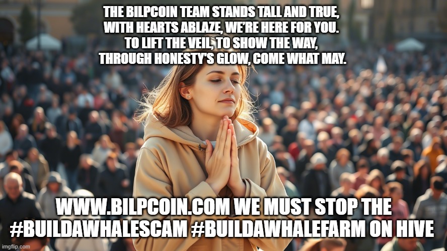 THE BILPCOIN TEAM STANDS TALL AND TRUE,  
WITH HEARTS ABLAZE, WE’RE HERE FOR YOU.  
TO LIFT THE VEIL, TO SHOW THE WAY,  
THROUGH HONESTY'S GLOW, COME WHAT MAY. WWW.BILPCOIN.COM WE MUST STOP THE #BUILDAWHALESCAM #BUILDAWHALEFARM ON HIVE | made w/ Imgflip meme maker