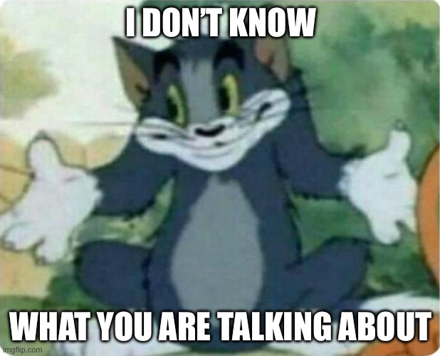 I DON’T KNOW WHAT YOU ARE TALKING ABOUT | image tagged in tom shrugging | made w/ Imgflip meme maker