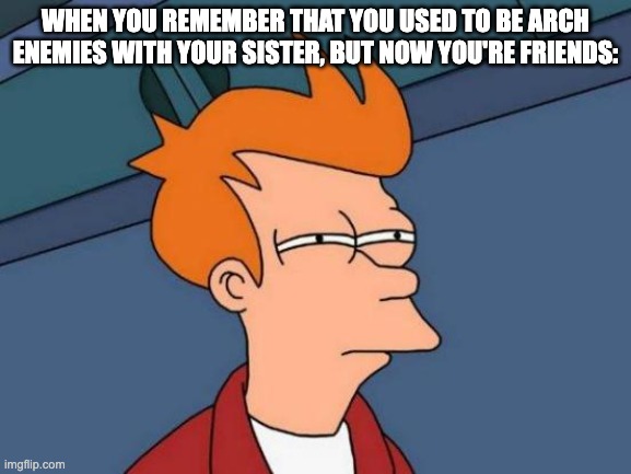 like i used to be so mean to my older sister, now we're for-lifers XD | WHEN YOU REMEMBER THAT YOU USED TO BE ARCH ENEMIES WITH YOUR SISTER, BUT NOW YOU'RE FRIENDS: | image tagged in memes,futurama fry | made w/ Imgflip meme maker