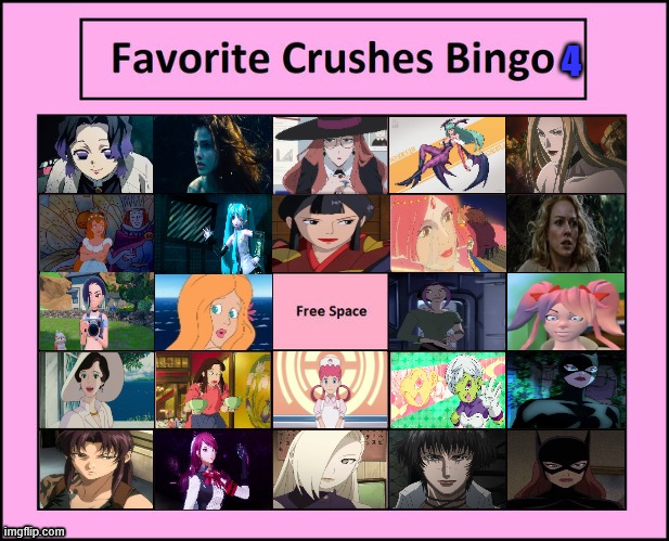 favorite crushes bingo 4 | image tagged in favorite crushes bingo 4,video games,anime,movies,tv shows,studio ghibli | made w/ Imgflip meme maker