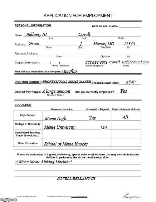 Application for Employment Blank Meme Template