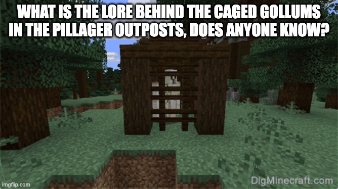 i feel like there's more to the story... | WHAT IS THE LORE BEHIND THE CAGED GOLLUMS IN THE PILLAGER OUTPOSTS, DOES ANYONE KNOW? | image tagged in memes,minecraft,yeet | made w/ Imgflip meme maker