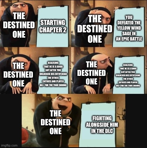 5 panel gru meme | THE DESTINED ONE; THE DESTINED ONE; STARTING CHAPTER 2; YOU DEFEATED THE YELLOW WIND SAGE IN AN EPIC BATTLE; THE DESTINED ONE; REALISING THAT HE IS A GOOD GUY AFTER YOU UNLOCKED HIS ENTRY,READ THE OTHER ENTRIES AND PLAYED NG+ FOR THE TRUE ENDING; THE DESTINED ONE; REALISING THAT HE IS A GOOD GUY AFTER YOU UNLOCKED HIS ENTRY,READ THE OTHER ENTRIES AND PLAYED NG+ FOR THE TRUE ENDING; FIGHTING ALONGSIDE HIM IN THE DLC; THE DESTINED ONE | image tagged in 5 panel gru meme | made w/ Imgflip meme maker