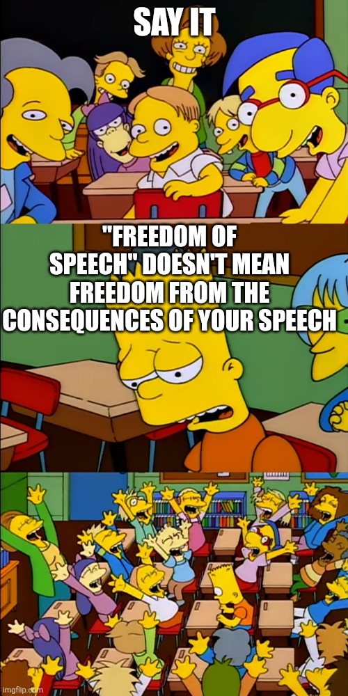 say your thing bart | SAY IT "FREEDOM OF SPEECH" DOESN'T MEAN FREEDOM FROM THE CONSEQUENCES OF YOUR SPEECH | image tagged in say your thing bart | made w/ Imgflip meme maker