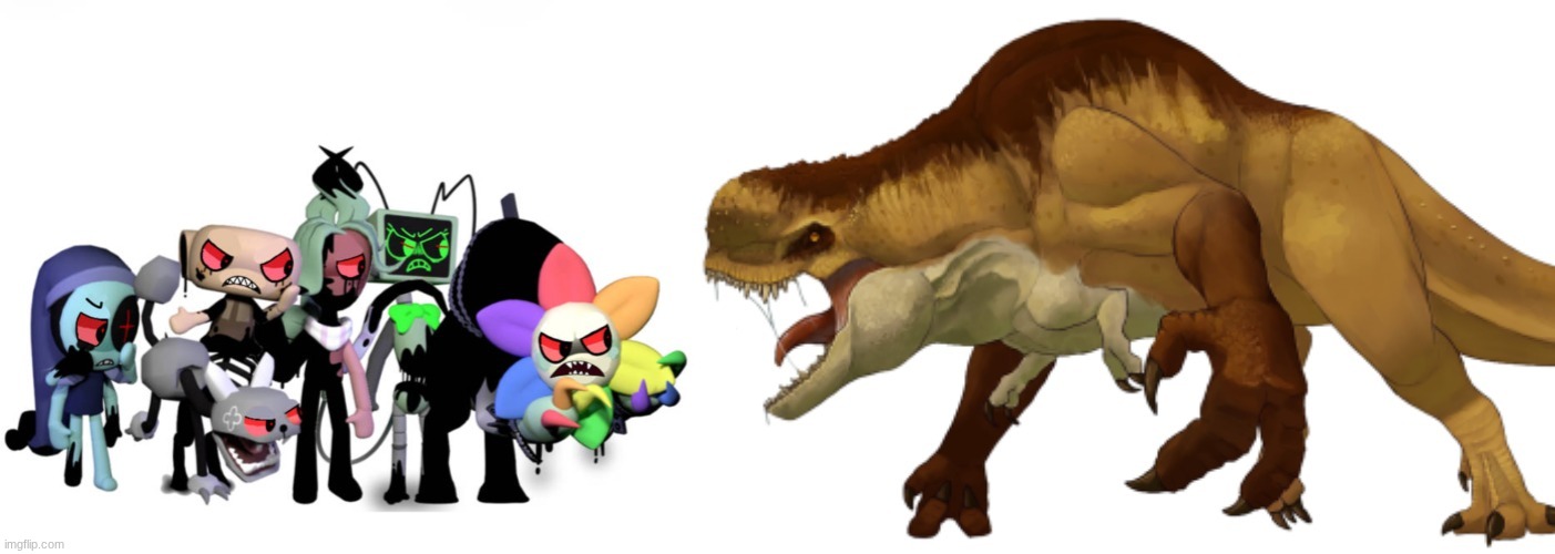 Distortus Rex VS Twisted Mains.mp3 | image tagged in dandy's world,jurassic world,crossover,jurassic park,jurassic park/world | made w/ Imgflip meme maker