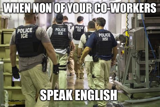 WHEN NON OF YOUR CO-WORKERS; SPEAK ENGLISH | image tagged in immigration,ice | made w/ Imgflip meme maker