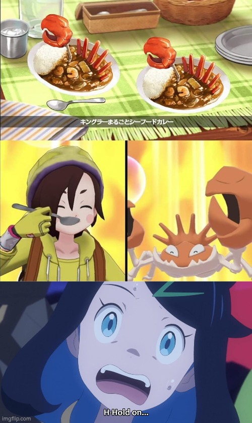 Hold the crab up! | image tagged in kingler,curry,food | made w/ Imgflip meme maker