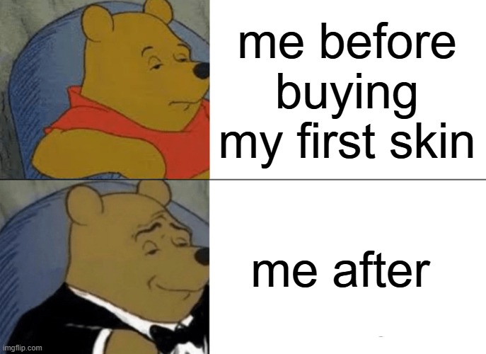 waste of money? nonsense! | me before buying my first skin; me after | image tagged in memes,tuxedo winnie the pooh | made w/ Imgflip meme maker