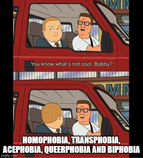 you know whats not cool bobby | HOMOPHOBIA, TRANSPHOBIA, ACEPHOBIA, QUEERPHOBIA AND BIPHOBIA | image tagged in you know whats not cool bobby,king of the hill,cartoon,homophobia | made w/ Imgflip meme maker