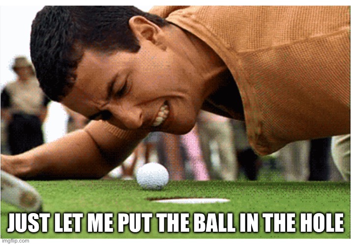 Happy Gilmore put the ball in the hole | JUST LET ME PUT THE BALL IN THE HOLE | image tagged in hole in one,golf,happy gilmore,go home | made w/ Imgflip meme maker