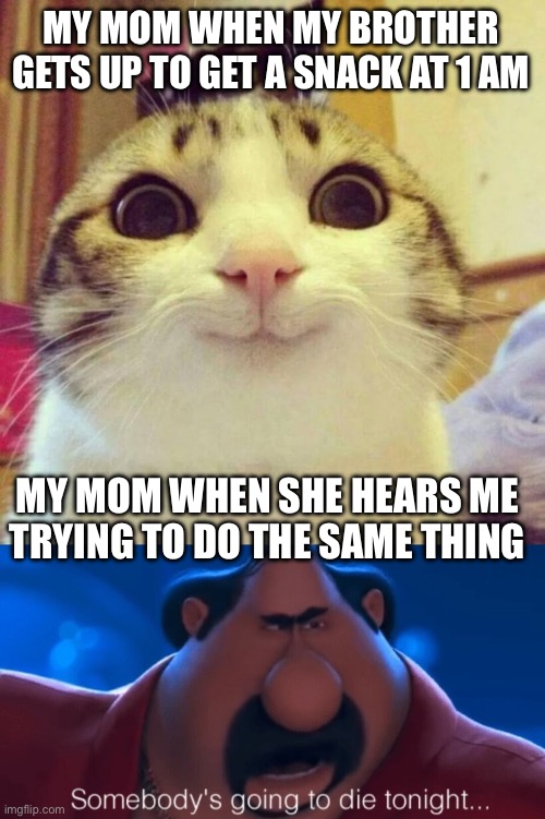 MY MOM WHEN MY BROTHER GETS UP TO GET A SNACK AT 1 AM; MY MOM WHEN SHE HEARS ME TRYING TO DO THE SAME THING | image tagged in memes,smiling cat,somebody's going to die tonight | made w/ Imgflip meme maker