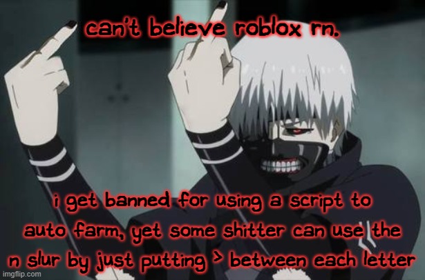 so f'n stupid. | can't believe roblox rn. i get banned for using a script to auto farm, yet some shitter can use the n slur by just putting > between each letter | image tagged in tokyo ghoul fauk | made w/ Imgflip meme maker
